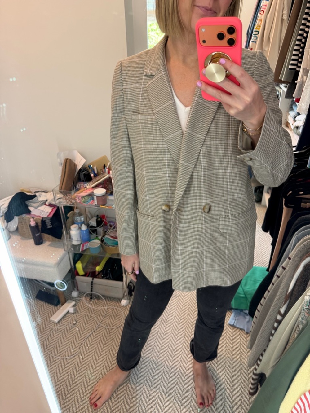 Double-Breasted Madewell Plaid Blazer in Taupe